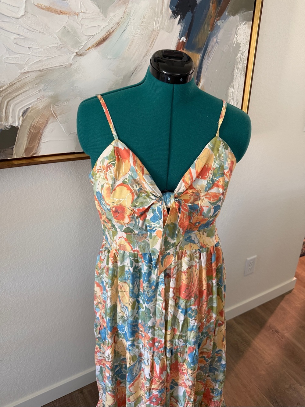 MSK Floral Midi Dress in Coral, Blue, Yellow & Green with gold accents